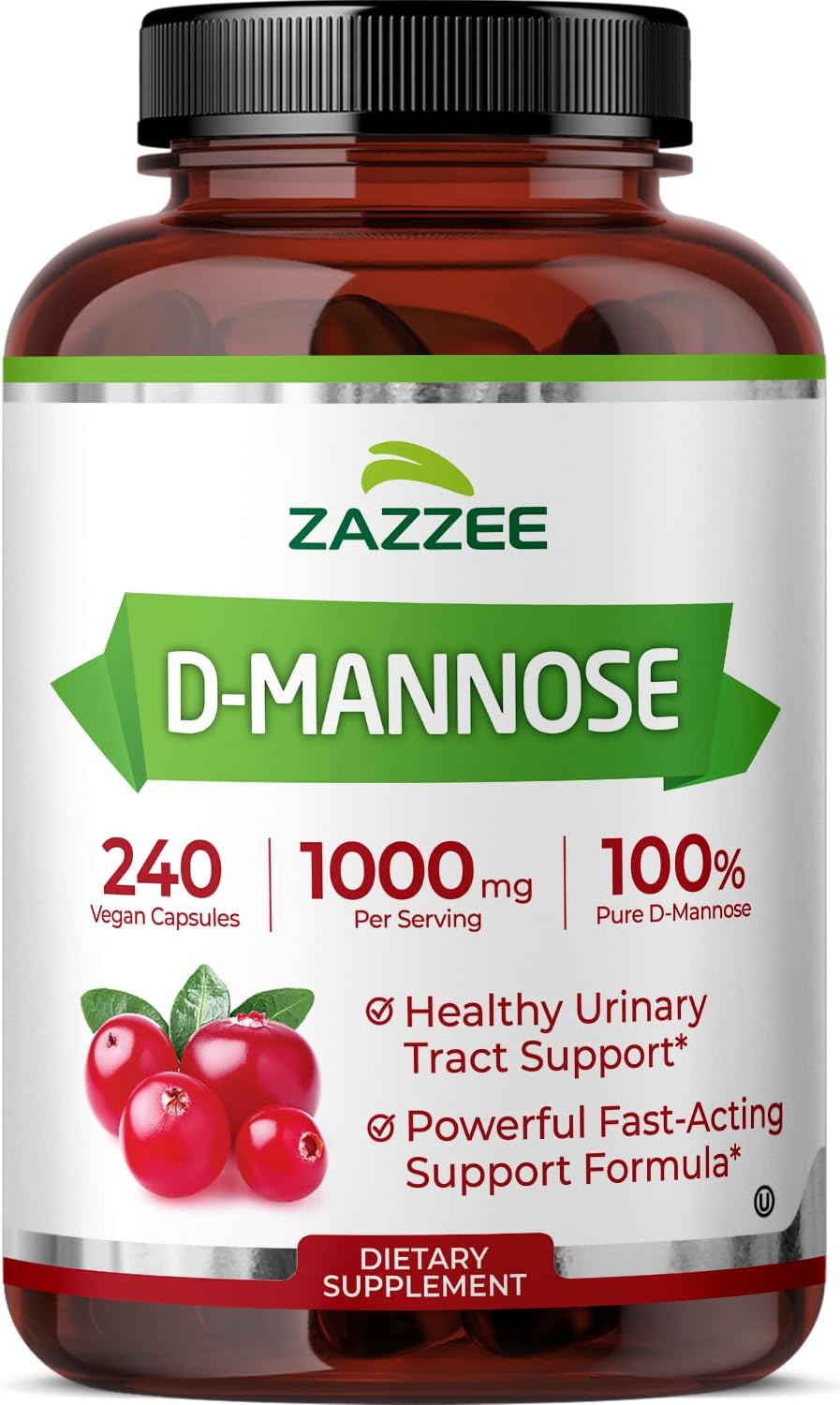 Zazzee D-Mannose, 1000 mg per Serving, 240 Vegan Capsules, 4 Month Supply, Potent & Fast-Acting, Certified Kosher, 100% Pure, All-Natural Urinary Tract Health Support, 100% Vegetarian, Non-GMO