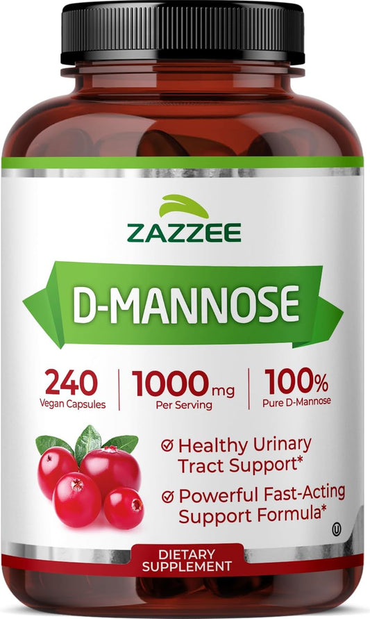 Zazzee D-Mannose, 1000 mg per Serving, 240 Vegan Capsules, 4 Month Supply, Potent & Fast-Acting, Certified Kosher, 100% Pure, All-Natural Urinary Tract Health Support, 100% Vegetarian, Non-GMO