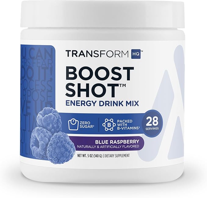 TransformHQ Energy & Focus Powder (Blue Raspberry) - Boost Shot Clean Energy Drink Mix - Sugar Free - Non-GMO, Gluten-Free - 28 Servings