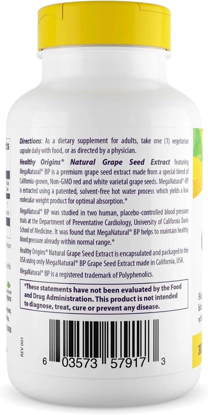 Healthy Origins Grape Seed Extract 300 mg (MegaNatural BP, Non-GMO, California-Grown, Gluten Free, Supports Healthy Blood Pressure), 150 Veggie Caps