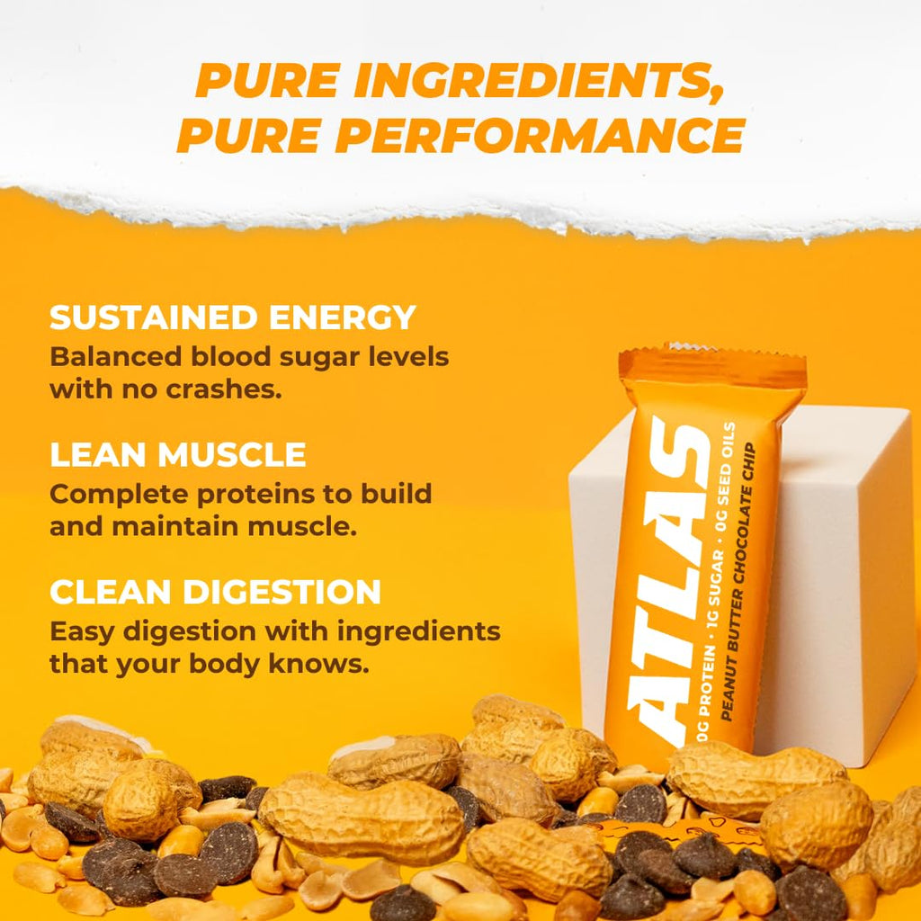 Atlas Bar – 20g Protein, 1g Sugar, 0g Seed Oils, 0g Artificial Sweeteners (Peanut Butter Chocolate Chip, 36 Count)