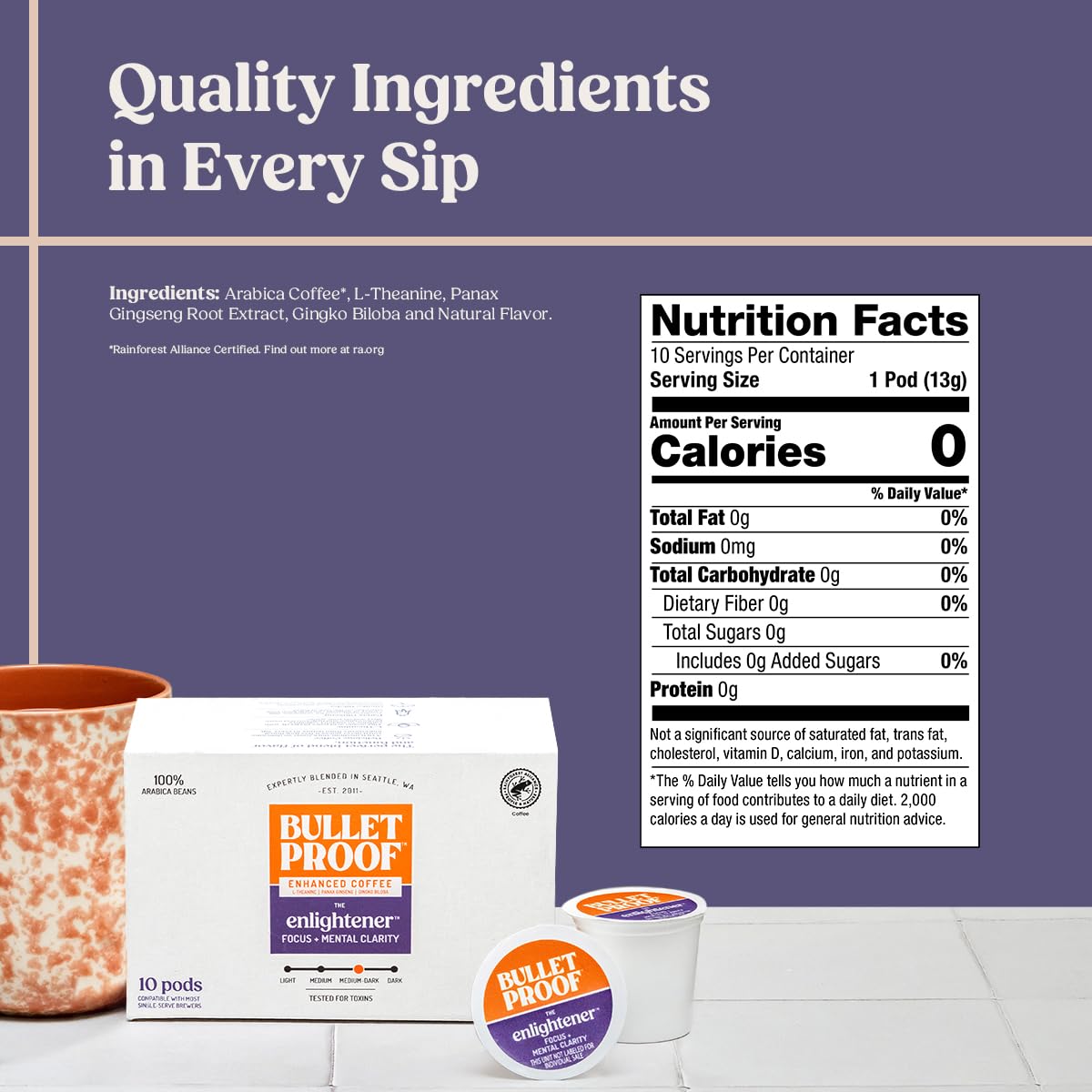 Bulletproof The Enlightener Coffee Pods, 10 Count, Medium-Dark Roast Enhanced Coffee with L-Theanine, Panax Ginseng and Gingko Biloba, Supports Mental Clarity, Focus, and Memory