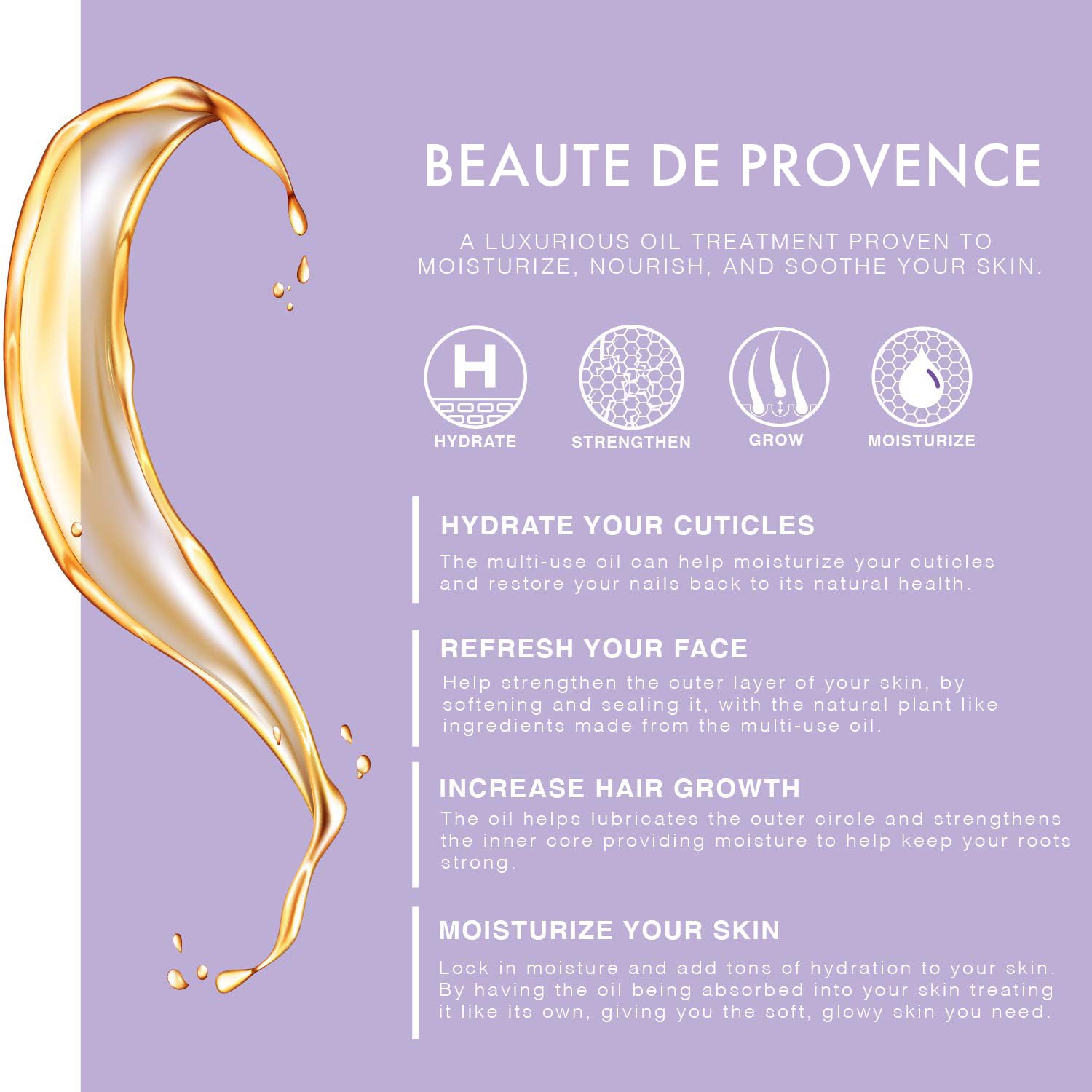 BEAUTE DE PROVENCE Lavender Multi-Use Oil for Face, Body and Hair - Organic Blend of Apricot, Vitamin E, Fractionated Coconut and Sweet Almond Oil Moisturizer for Dry Skin, Scalp and Nails - 4 Fl Oz
