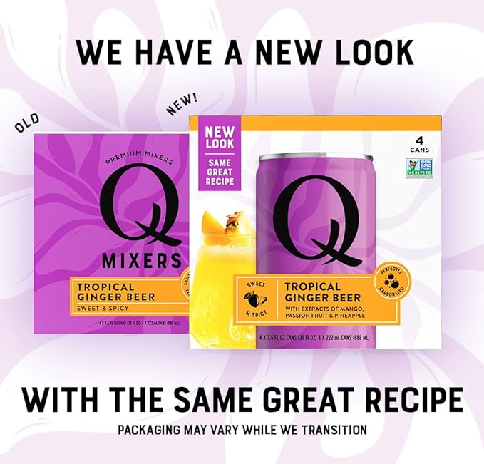 Q TROPICAL GINGER BEER with Real Ginger, Tropical Fruits & Organic Agave - Ideal for Cocktails & Mocktails - Real Ingredients & Perfectly Carbonated - 90 Calories per Can - 7.5 Fl Oz Cans (Pack of 24)