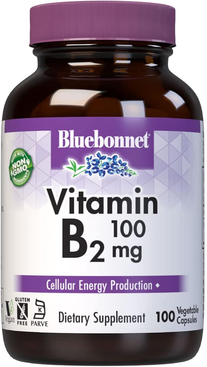Bluebonnet Nutrition Vitamin B2 100 mg, For Cardiovascular and Nervous System Health, Soy-Free, Gluten-Free, Kosher Certified, Dairy-Free, Vegan, Non-GMO, 100 Vegetable Capsules, 100 Servings