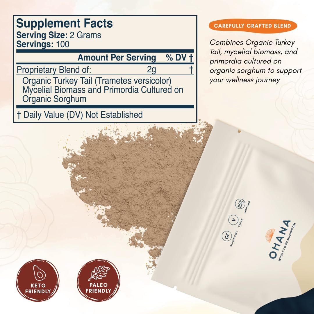 Ohana Turkey Tail, Organic Mushrooms Powder Blend, USDA-Organic Whole Food Mushroom Supplement, Non-GMO, Gluten-Free, 7.06 oz Bag, Pack of 1
