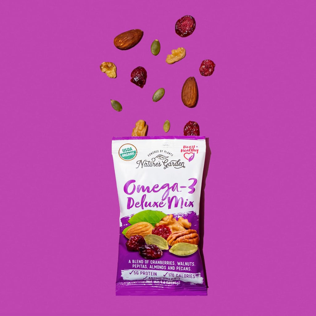 Nature's Garden Omega 3 Deluxe Mix - Trail Mix Nuts, Heart Healthy, Gluten Free, Cholesterol Free, Sodium Free, No Artificial Ingredients - 1.2 oz Bags (15 Individual Servings)
