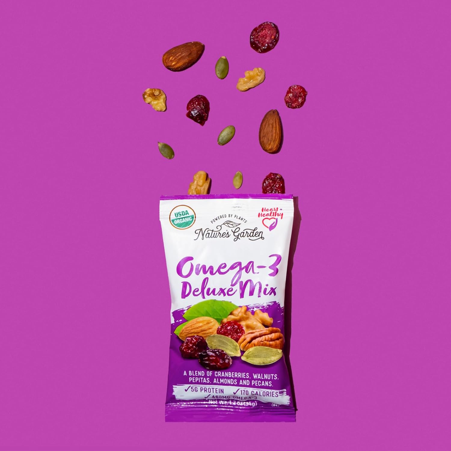 Nature's Garden Omega 3 Deluxe Mix - Trail Mix Nuts, Heart Healthy, Gluten Free, Cholesterol Free, Sodium Free, No Artificial Ingredients - 1.2 oz Bags (15 Individual Servings)