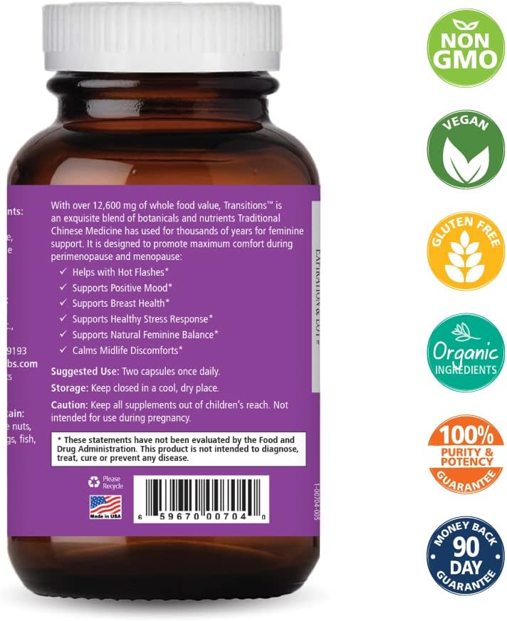 Pure Essence Labs Transitions Vitamins for Women, Natural Menopause Relief Supplement to Promote Hormone Balance, Reduce Hot Flashes, Mood Swings & Night Sweats, 120 Capsules