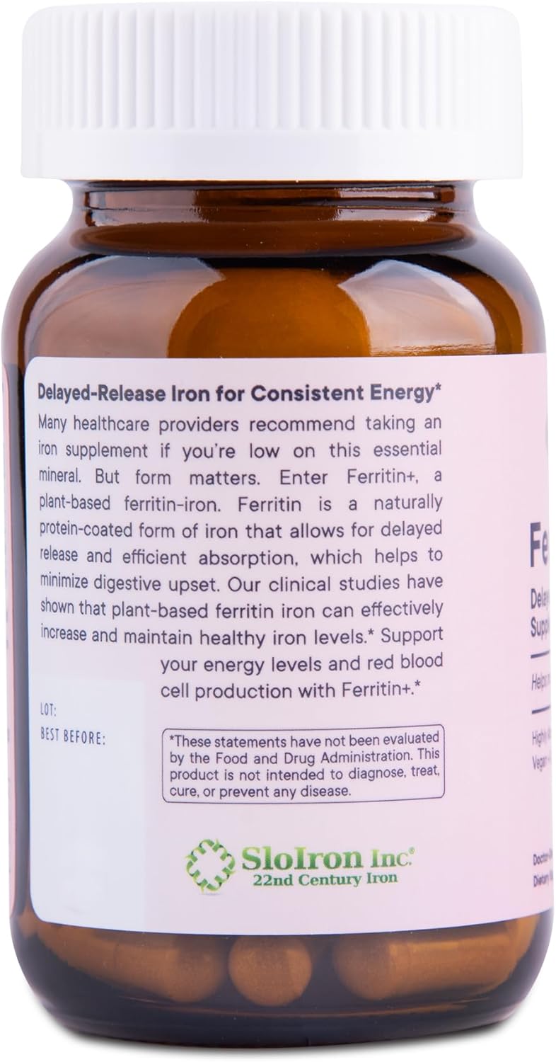 Flora Ferritin+ Delayed-Release Iron Supplement - Plant-Based Iron Supplement - Blood Cell & Energy Support - Vegan & Gluten-Free - Amber Glass Bottle - 60 Vegan Capsules