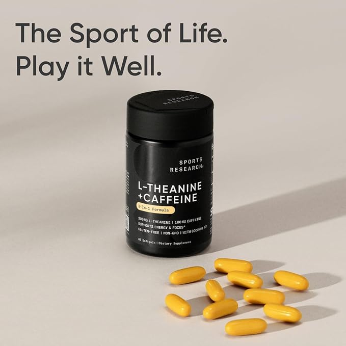 Sports Research L-Theanine Supplement with Caffeine & Coconut MCT Oil - Focused Energy, Alertness & Relaxation Without Drowsiness - 200mg L Theanine, 100mg Organic Caffeine - 60 Liquid Softgels