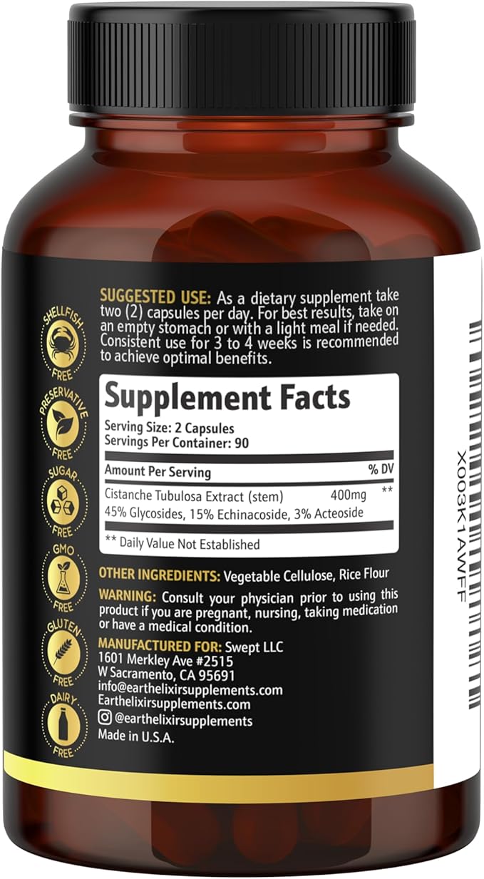 Earth Elixir Cistanche Supplement for Men & Women – Potent Cistanche Tubulosa Extract Capsules for Daily Vitality, Strength & Performance Support – Made in USA, 3rd Party Tested & 3 Month Supply