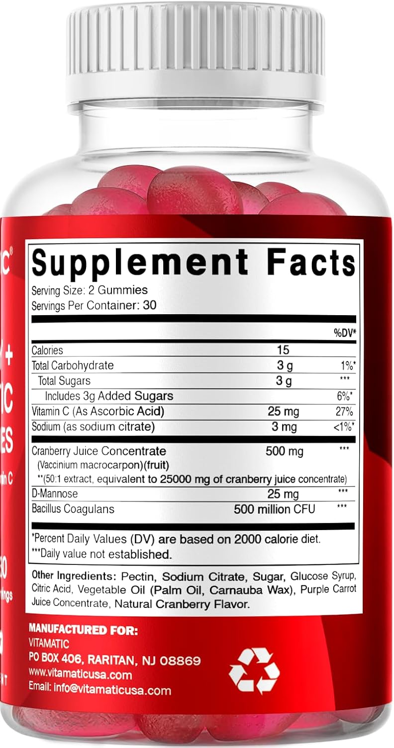 Vitamatic 2 Pack Vegan Cranberry Gummies with D-Mannose, Probiotic & Vitamin C for Women Urinary Tract Health - 25000mg Equivalent Per Serving (from 50:1 Extract 500 mg) - 60 Count