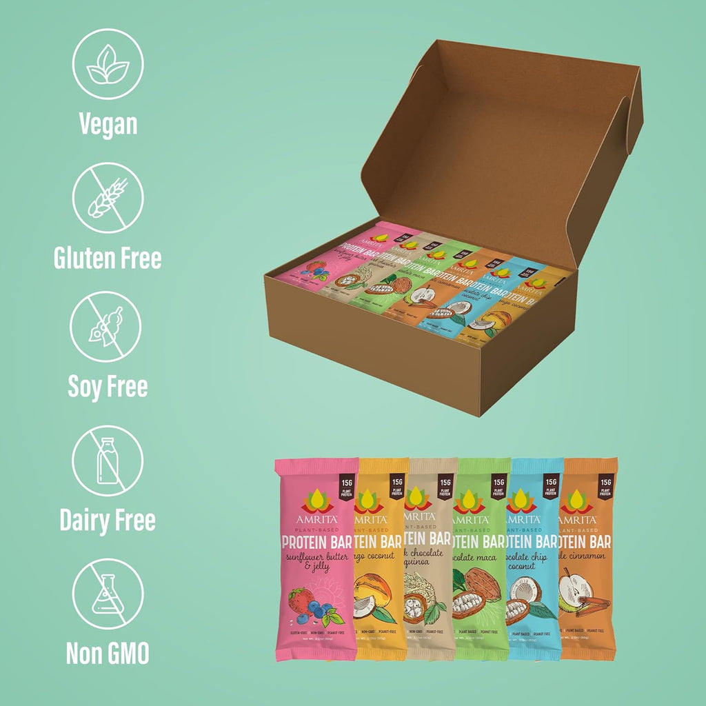 Amrita Nut Free 6 Flavor Variety Vegan Protein Bars | 11g to 12g Plant-Based Protein Bar | Peanut Free, Gluten Free, and Dairy Free | Low Sugar, High Fiber, Healthy School-Safe Snacks