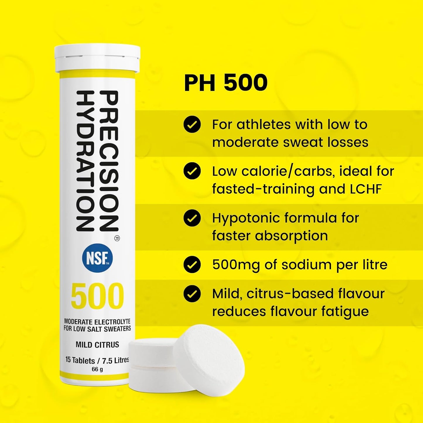 Precision Hydration Electrolyte Tablets - Multi Strength Effervescent Hydration Tablets - Combats Cramp - Low Calorie, Gluten Free, Vegan/Vegetarian Friendly (12 Tubes, 500mg/L - Yellow Tube)