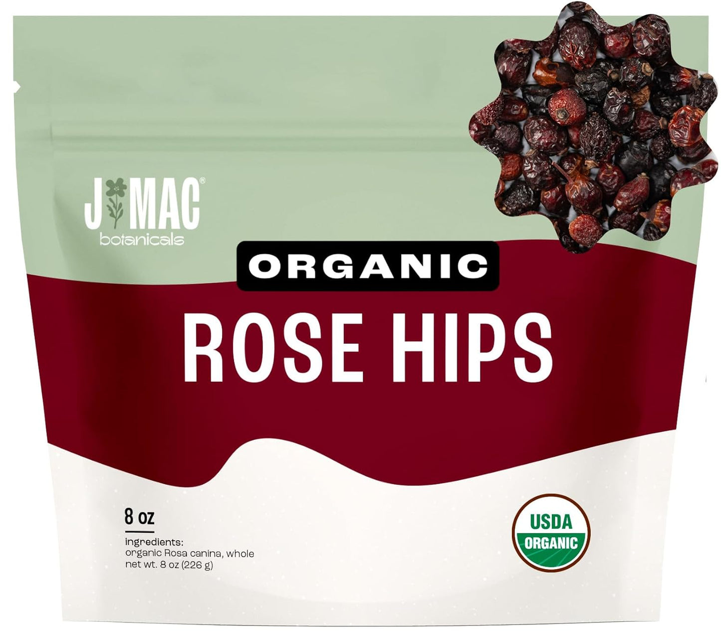 J MAC BOTANICALS Organic Rose Hips (8 oz Bag) Whole, natural organic dried rose hips for herbal tea, rosehips dried organic, rosehip tea, packaged in the USA