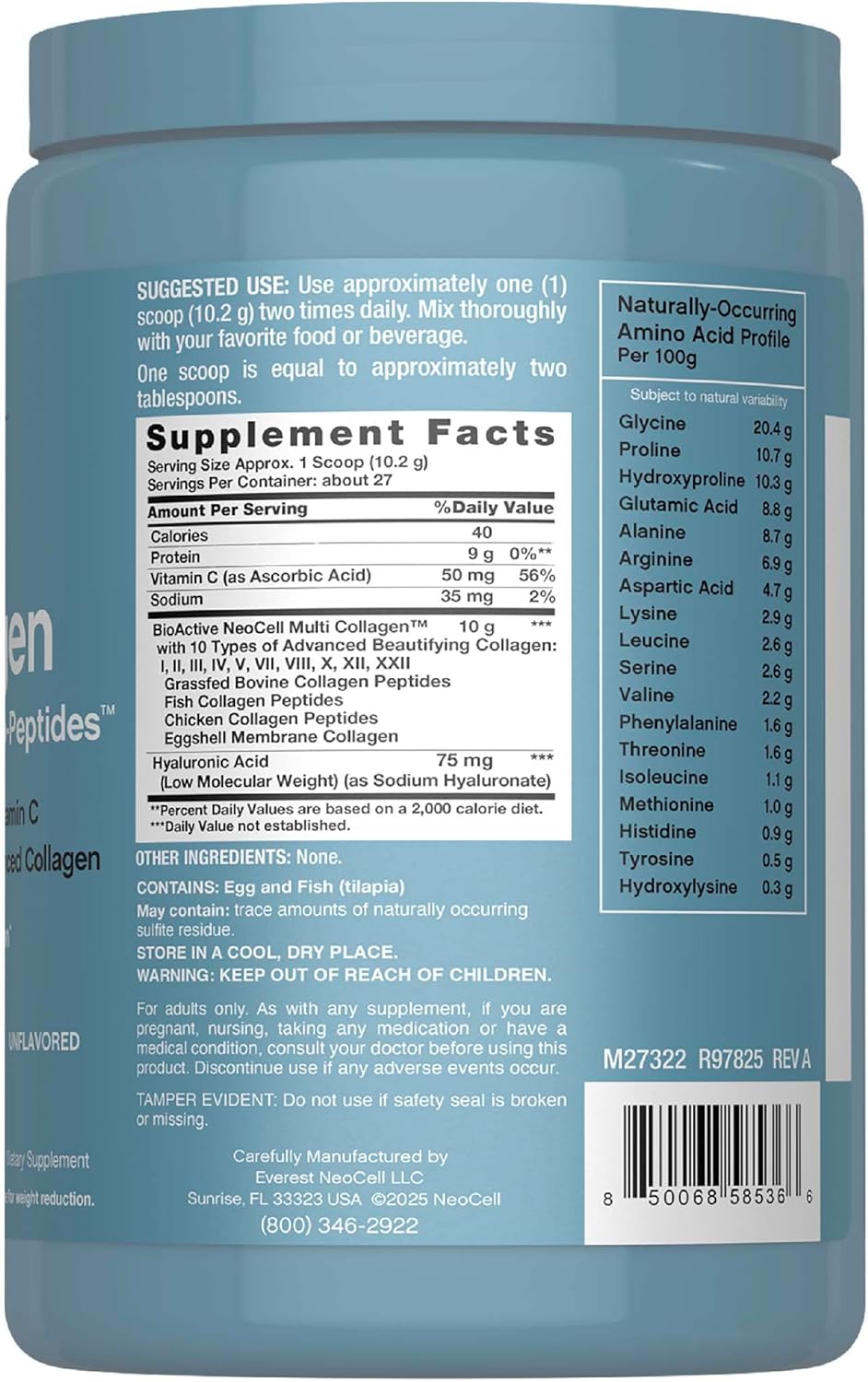 NeoCell Multi Collagen Bio-Peptides Powder | 22oz | Advanced with Hyaluronic Acid and Vitamin C | 10 Super Types of Collagen | Superior Absorption | Grassfed Protein Supplement |