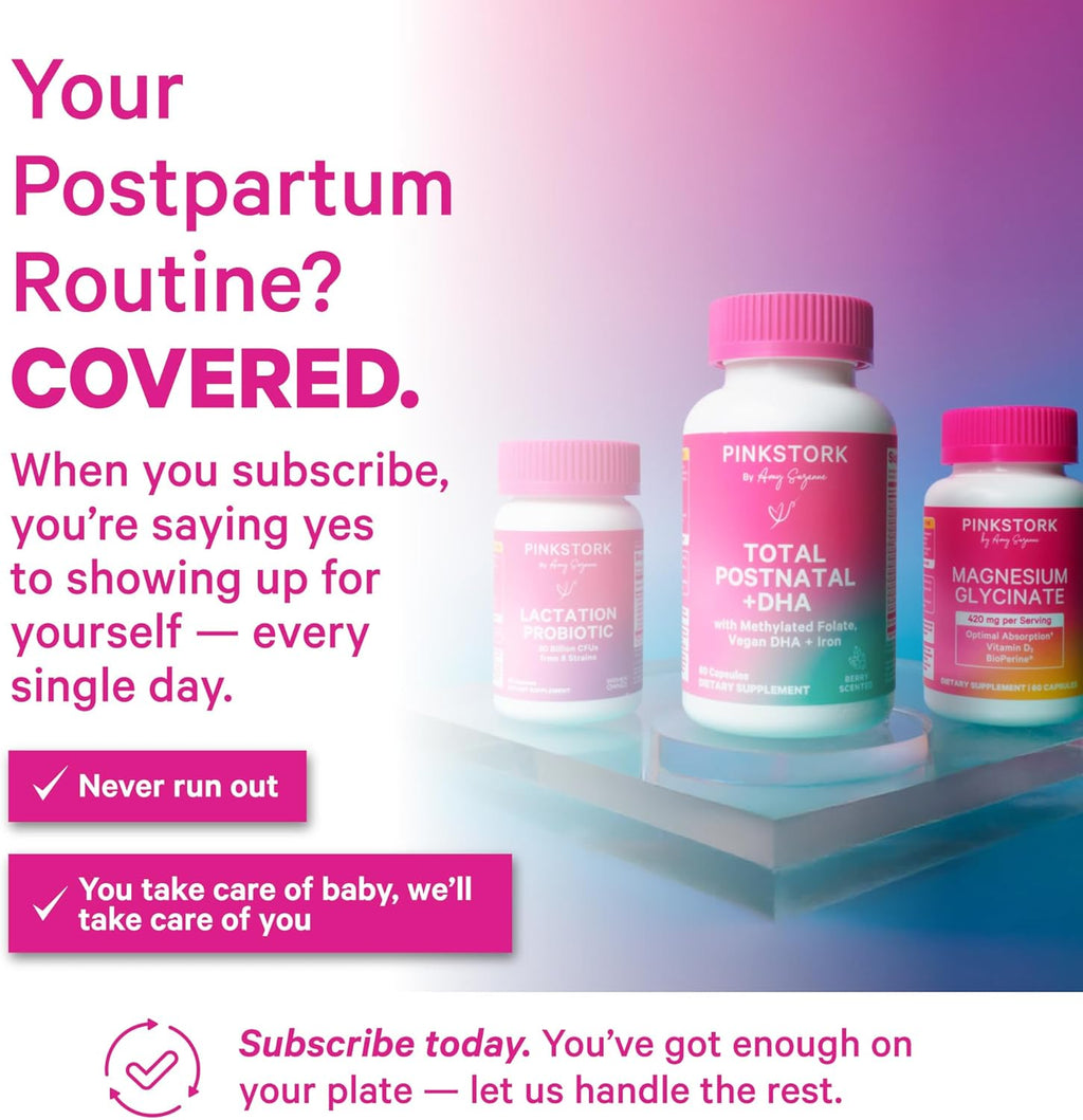 Pink Stork Total Postnatal Vitamins for Women | Vegan DHA, Methylated Folate, Iron, + Vitamin B12 | Postpartum Recovery Essentials + Breastfeeding Support | Mint, 1-Month Supply