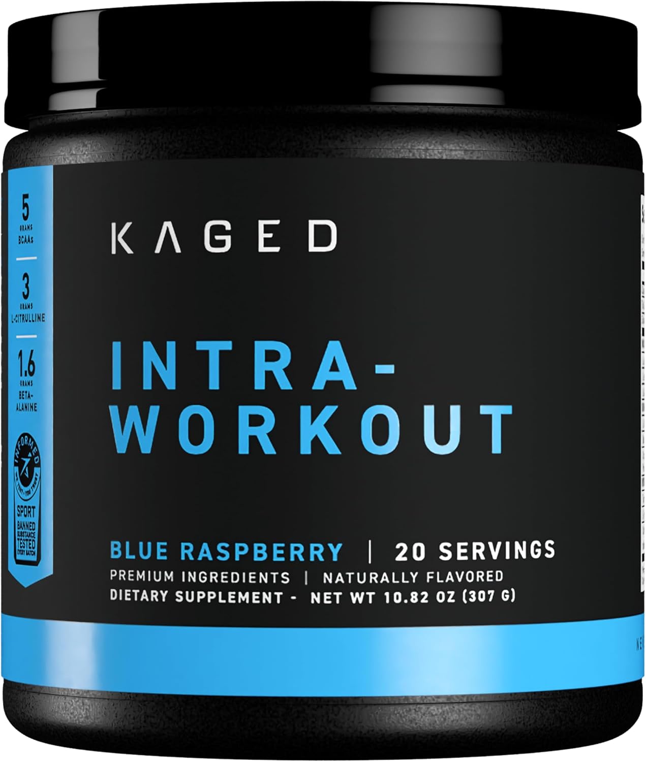 Kaged Intra-Workout Powder In-Kaged BCAAs, L-Citrulline & Beta-Alanine for Endurance 124mg Organic PurCaf Caffeine Coconut Water Powder 20 Servings Blue Raspberry