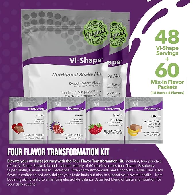 Vi-Shape - 4 Flavor Variety Pack Nutritional Meal Replacement Shake Mix-Ins - Chocolate, Strawberry, Raspberry, Banana Bread - 60 Mixed Flavor Packets