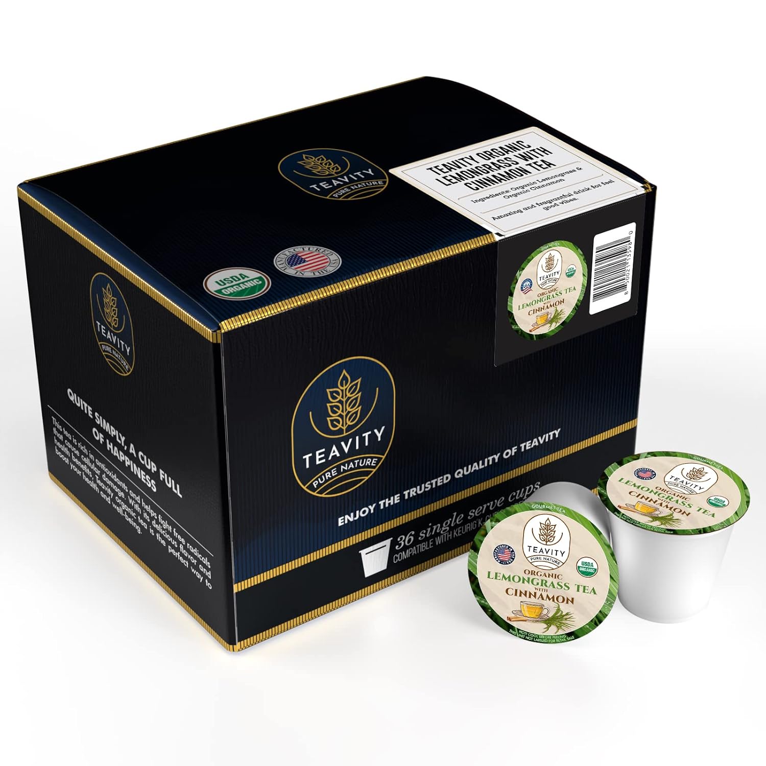 Teavity Organic Lemongrass and Cinnamon Tea Pods for Keurig - Naturally Decaffeinated Herbal Tea Blend (36 Pods)