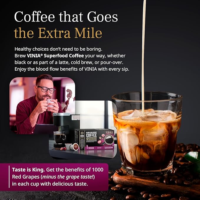 VINIA Medium Dark Roast with Red Grape Piceid Resveratrol, Nitric Oxide for Heart Health, Alertness, Physical Energy & Blood Flow Circulation. 60ct K-Cup Pods