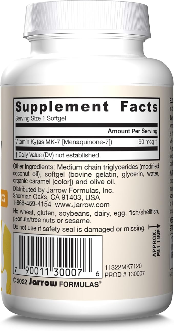 Jarrow Formulas MK-7 90mcg-Bioactive Form of VIT K2-120 Servings(Softgels)-for Bone & CV Health-VIT K2 MK-7 Dietary Supp-K2 VIT Supp MK-7-Gluten Free,12 Pack