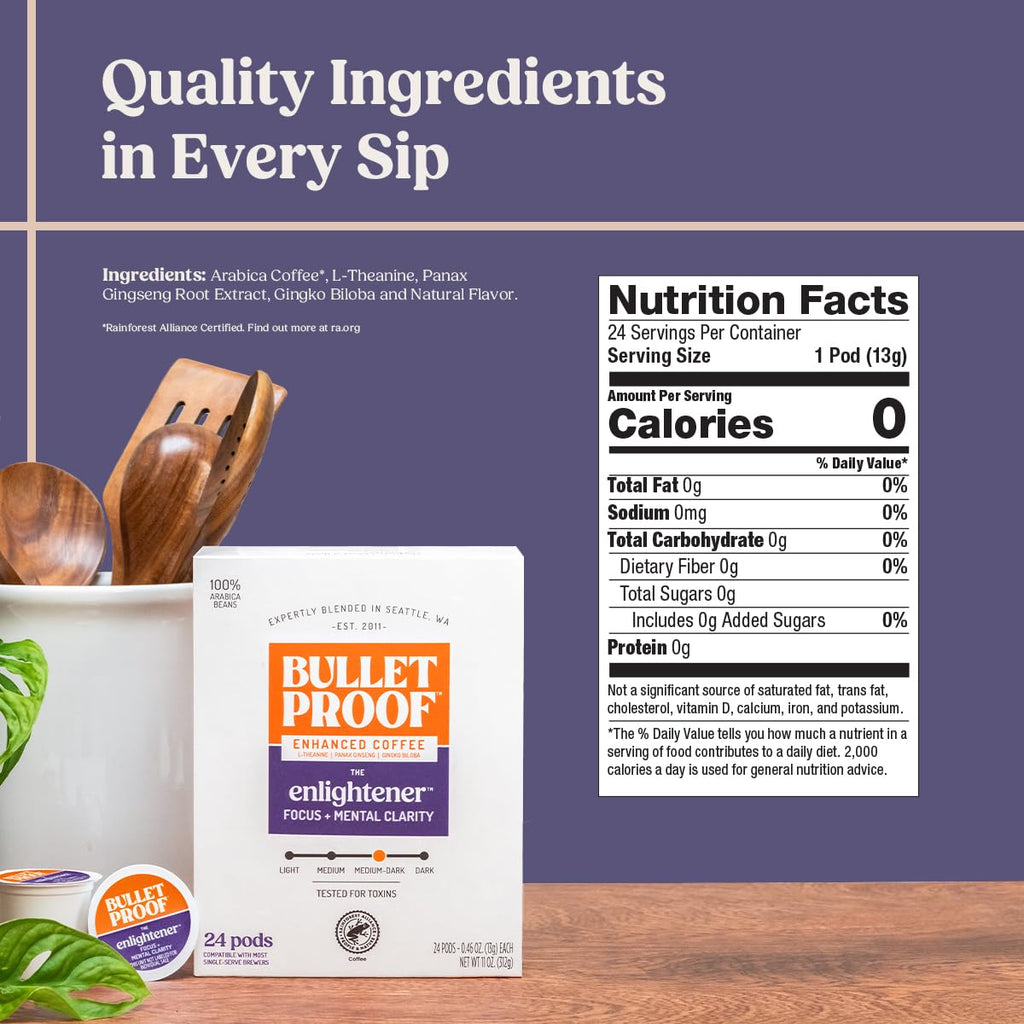 Bulletproof The Enlightener Coffee Pods, 24 Count, Medium-Dark Roast Enhanced Coffee with L-Theanine, Panax Ginseng and Gingko Biloba, Supports Mental Clarity, Focus, and Memory