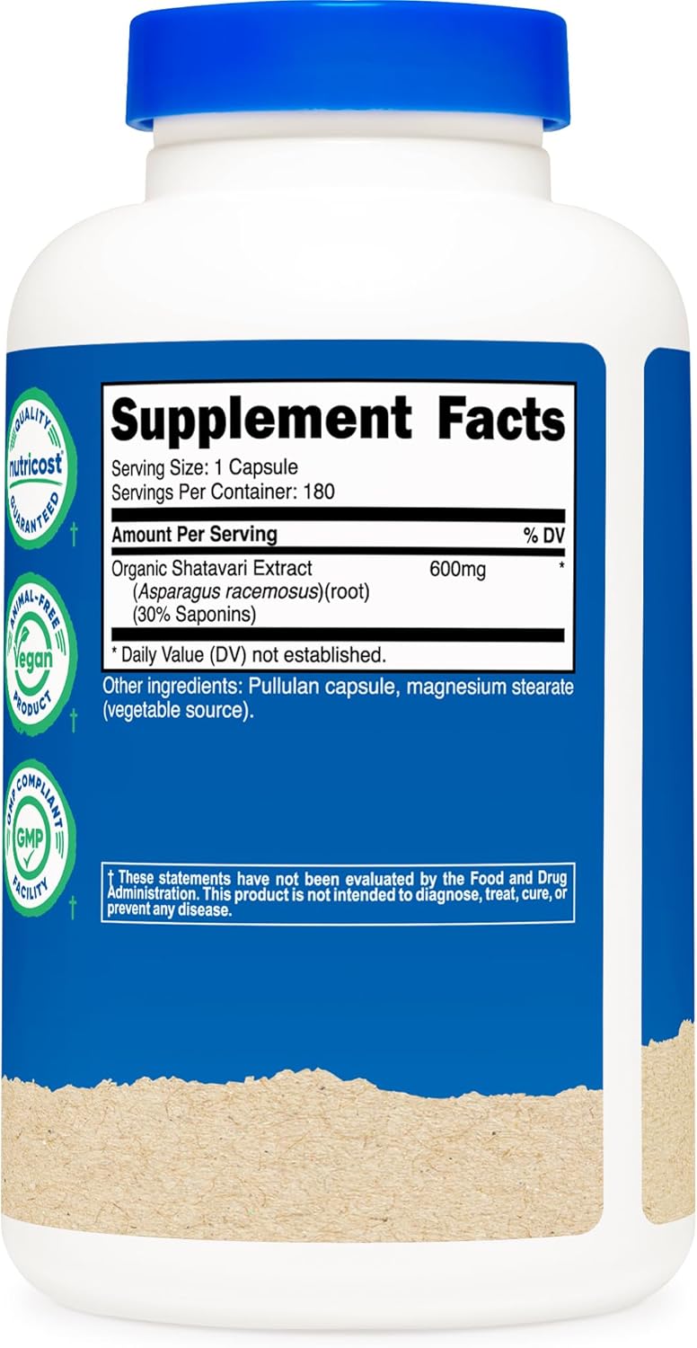 Nutricost Shatavari 600mg, 180 Capsules, 180 Servings - CCOF Certified Made with Organic Shatavari, Non-GMO, Gluten Free, Vegetarian Friendly