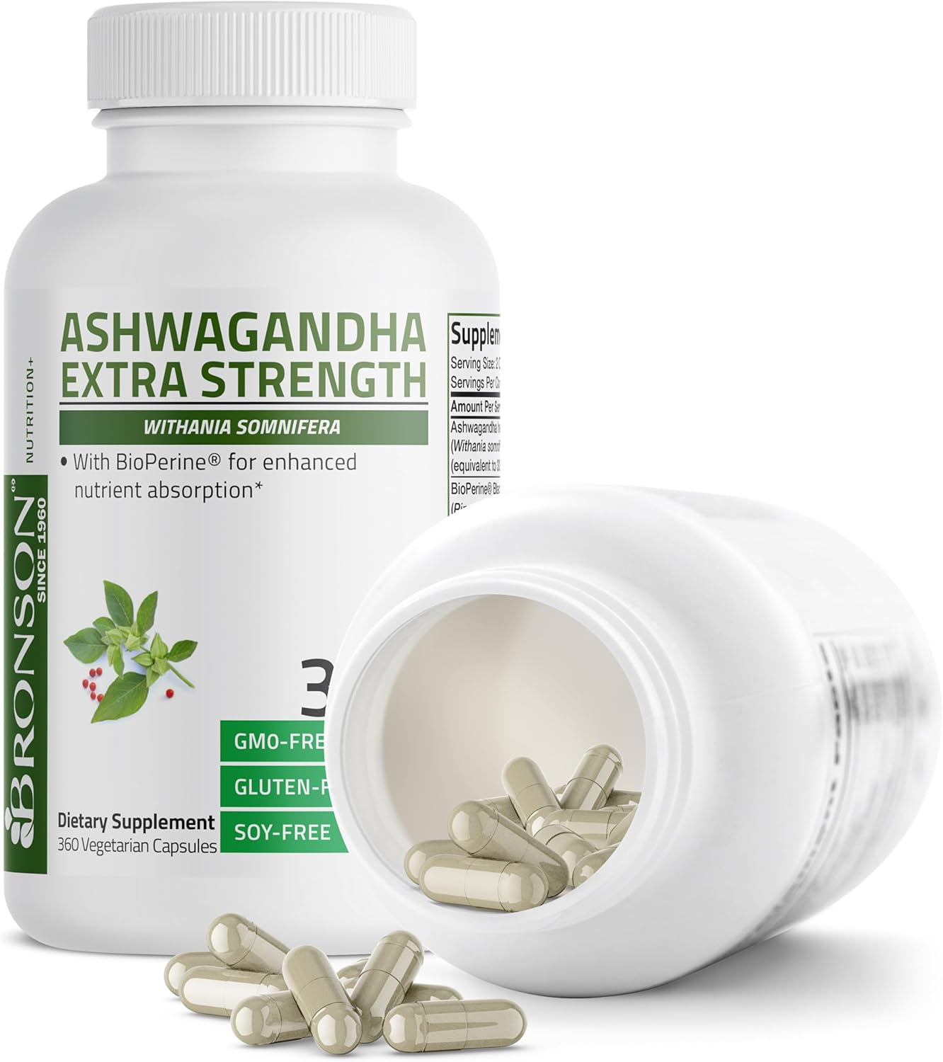 Bronson Ashwagandha Extra Strength Stress & Mood Support with BioPerine - Non GMO Formula, 360 Vegetarian Capsules