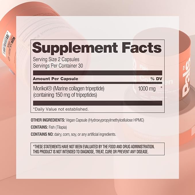 Marine Collagen Peptides Capsules for Women & Men 15x Concentration Type I & III Fish Derived Tripeptides Hydrolyzed Marine Collagen Supplements for Skin Hair Nails Bones Joint Health, Non-GMO 30 Days