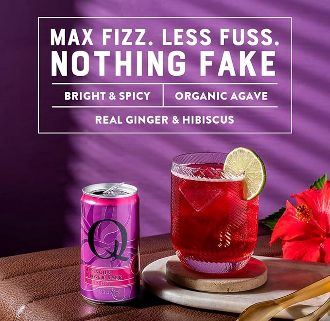 Q HIBISCUS GINGER BEER with Real Ginger, Hibiscus, & Organic Agave - Cocktails & Mocktails - Real Ingredients, Perfectly Carbonated & Less Sweet - 80 Calories per Can - 7.5 Fl Oz Cans (Pack of 24)