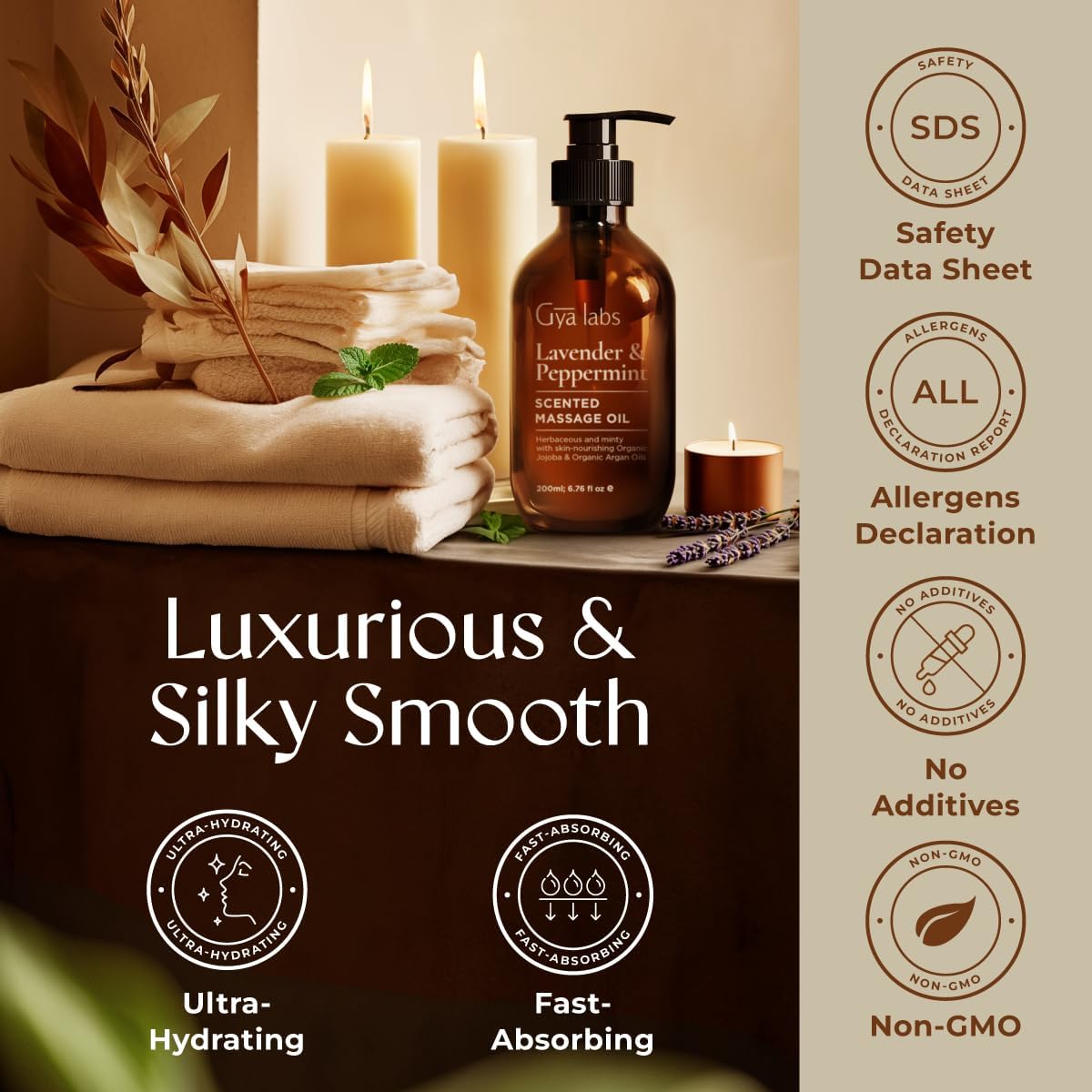 Gya Labs Lavender & Peppermint Massage Oil - 6.76 Fl Oz - Non-Greasy Formula for Sore Muscles, Deep Relaxation & All Skin Types - Suitable for Men & Women