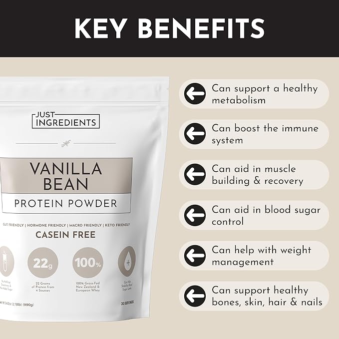 JUST INGREDIENTS Vanilla Bean Protein Powder – 30-Serving Blend with 100% Grass-Fed Whey & Organic Plant Proteins – Real Vanilla Bean & Cinnamon – Supports Muscle Recovery, Energy*