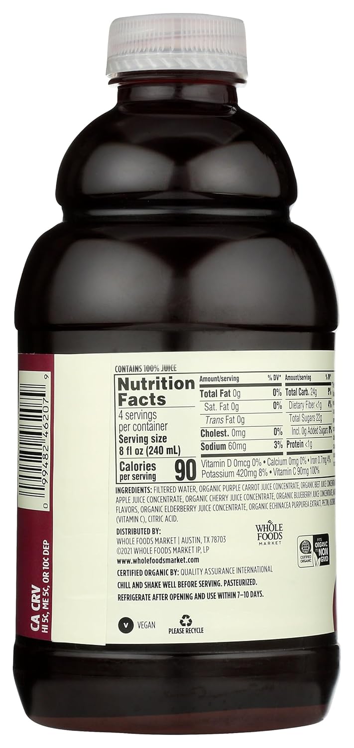 365 by Whole Foods Market, Organic Immune Refresher Purple Carrot, Beet & Cherry with Elderberry & Echinacea Juice Blend, 32 fl oz