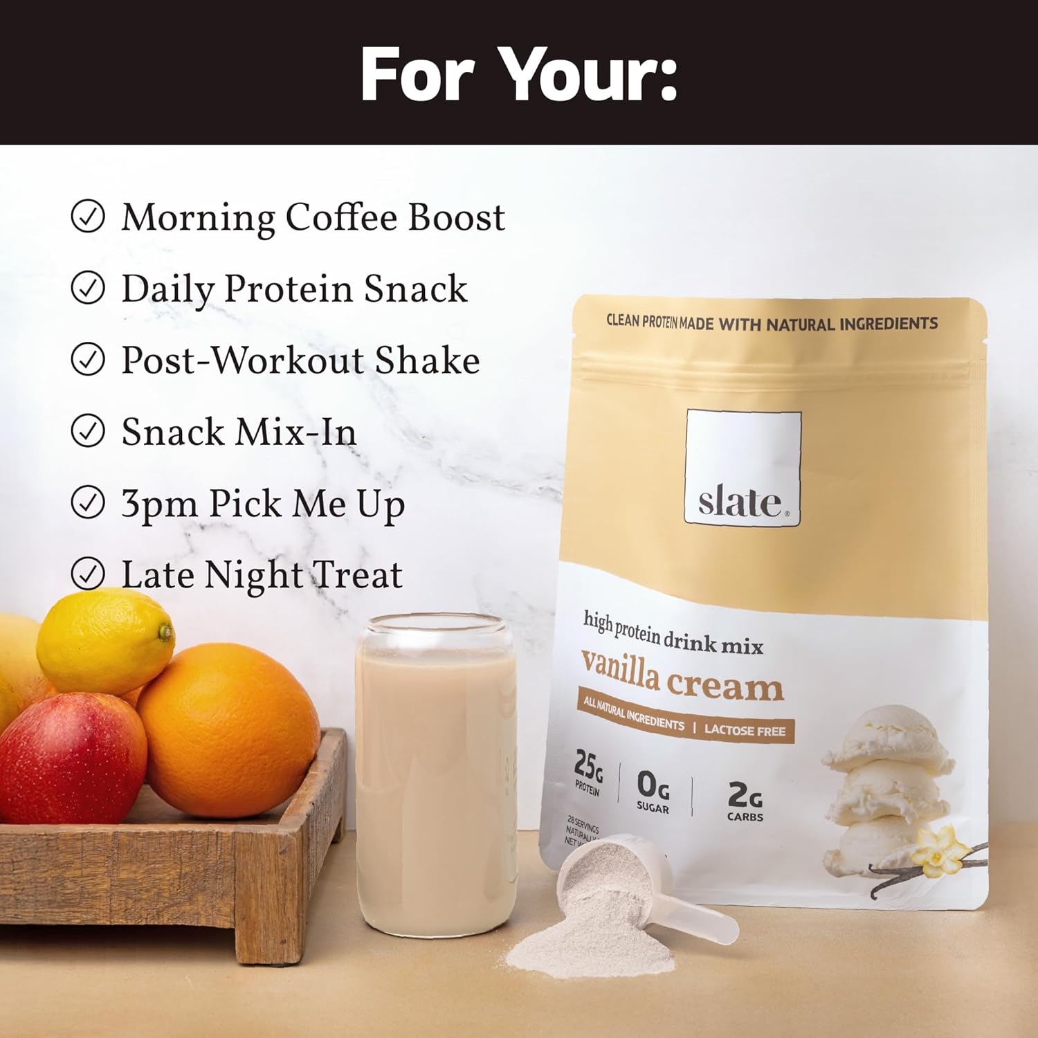 Slate Milk -High Protein Drink Mix Powder -Vanilla Cream,28 Servings Bag - Lactose Free,25g Protein,0g Sugar,105 Calories,2g Carbs,All Natural Ingredients - Breakfast Boost - Post Workout -1.85 lbs