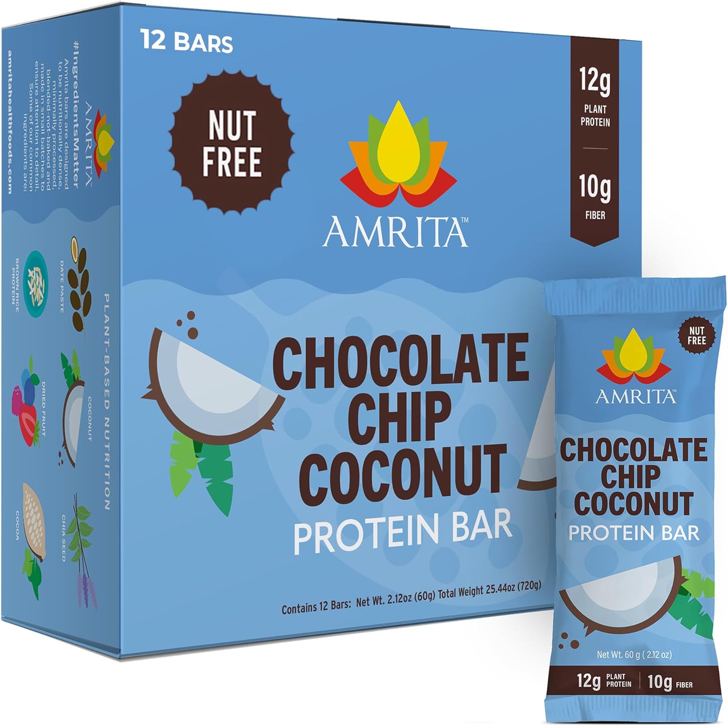 Amrita Nut Free Chocolate Chip Coconut Vegan Protein Bars (12 Count) | 12g Plant-Based Protein Bar | Peanut Free, Gluten Free, and Dairy Free | Low Sugar, High Fiber, Healthy School-Safe Snacks