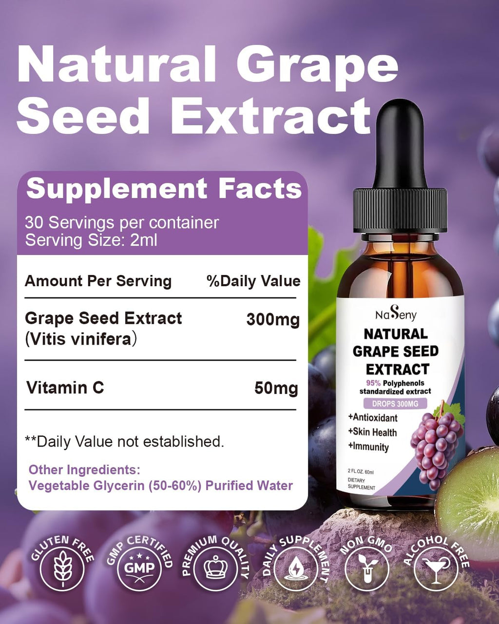 Grape Seed Extract Liquid Drops Standardized to 95% Polyphenols-300 mg Grape Seed Maximum Strength Standardized Tincture, High Absorption Liquid Vitis Vinifera Extract Drops -Non-GMO (2 Bottles)