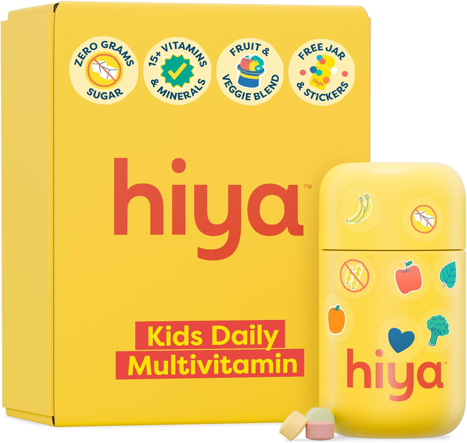 HIYA Kids Multivitamin Tablets – 15+ Essential Vitamins & Minerals with Fruits & Veggies for Ages 2+, Supports Growth, Development & Immune, 0g Sugar – 30 Day Supply for Toddlers & Kids