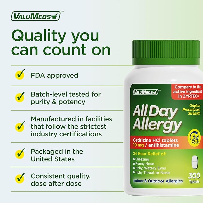 ValuMeds 24-Hour Allergy Medicine Antihistamine for Pollen, Hay Fever, Dry, Itchy Eyes, Allergies | Cetirizine HCl 10mg Caplets, Compare to Leading Brand (300 Count)