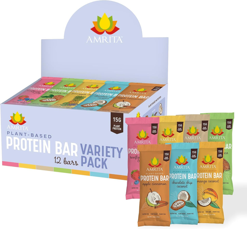 Amrita Nut Free Variety Pack Vegan Protein Bars (12 Count PK of 3) | 11g to 12g Plant-Based Protein Bar | Peanut Free, Gluten Free, and Dairy Free | Low Sugar, High Fiber, Healthy School-Safe Snacks