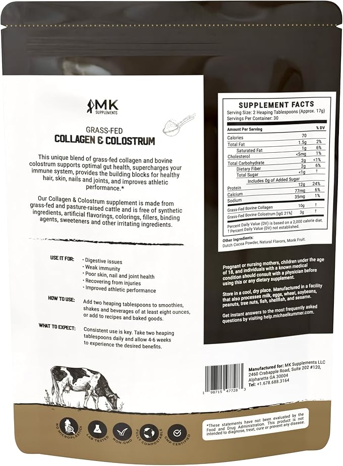 MK Supplements Collagen & Colostrum – Grass-Fed Collagen Peptides & Colostrum Powder for Hair, Nail, Skin, Bone & Joint Health, Chocolate Flavor + Monk Fruit
