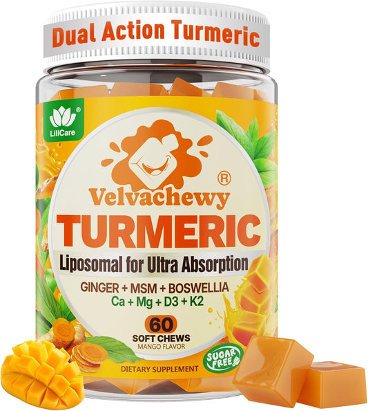 Liposomal Turmeric and Ginger Soft Chews Supplement with Black Pepper, Calcium & Vitamin D3 K2│Ultra High Absorption Liposomal Curcumin + Organic Turmeric Root & Boswellia for Adults, Sugar Free, 60Ct