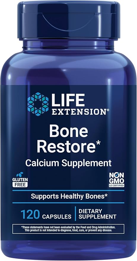 Life Extension Bone Restore Calcium Supplement, Vitamin D3, Magnesium, Boron, zinc, Manganese, Silicon, Helps Maintain Healthy Bone Density, Gluten-Free, Non-GMO, 120 Capsules