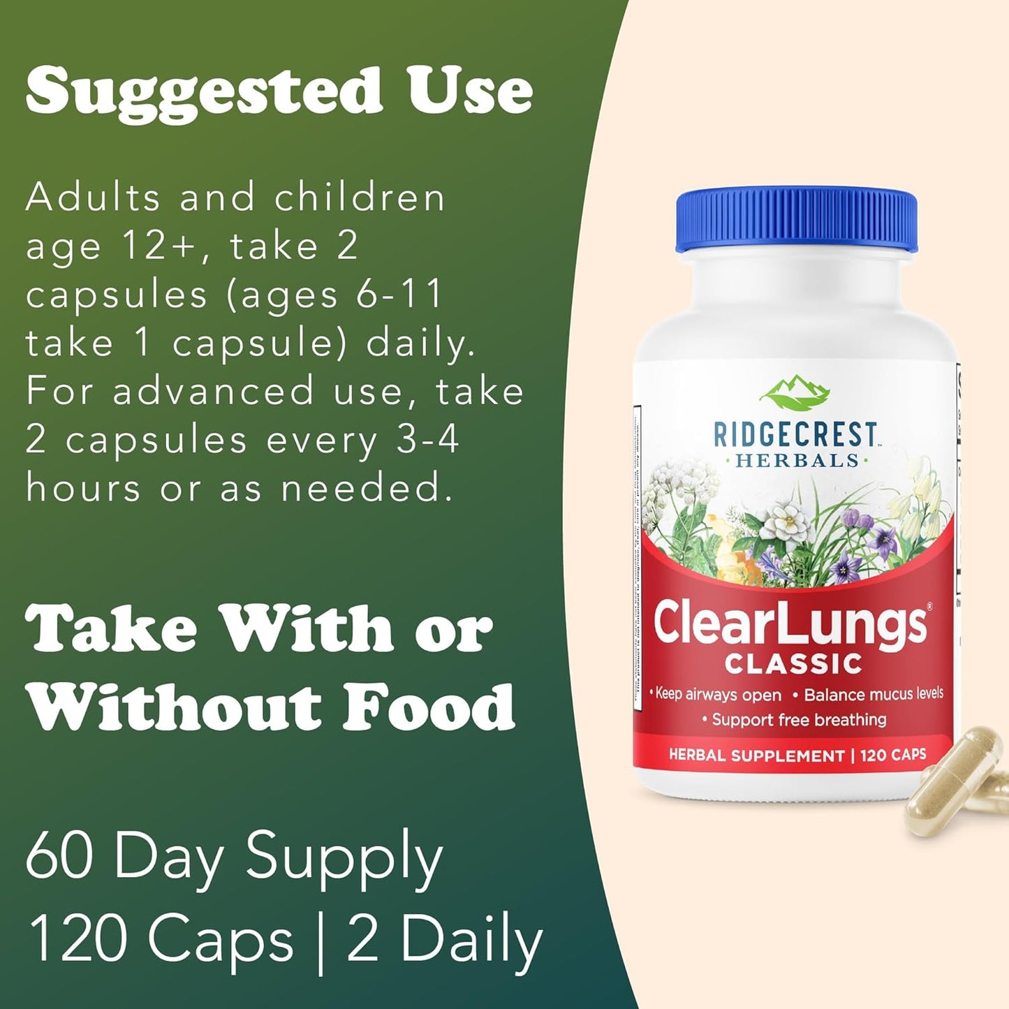 Ridgecrest Herbals ClearLungs Classic, Natural Lung and Nasal Daily Health Supplement for Bronchial, Respiratory, Immune, Sinus, and Mucus Wellness Support, Herbal Formula (120 Caps, 60 Serv)