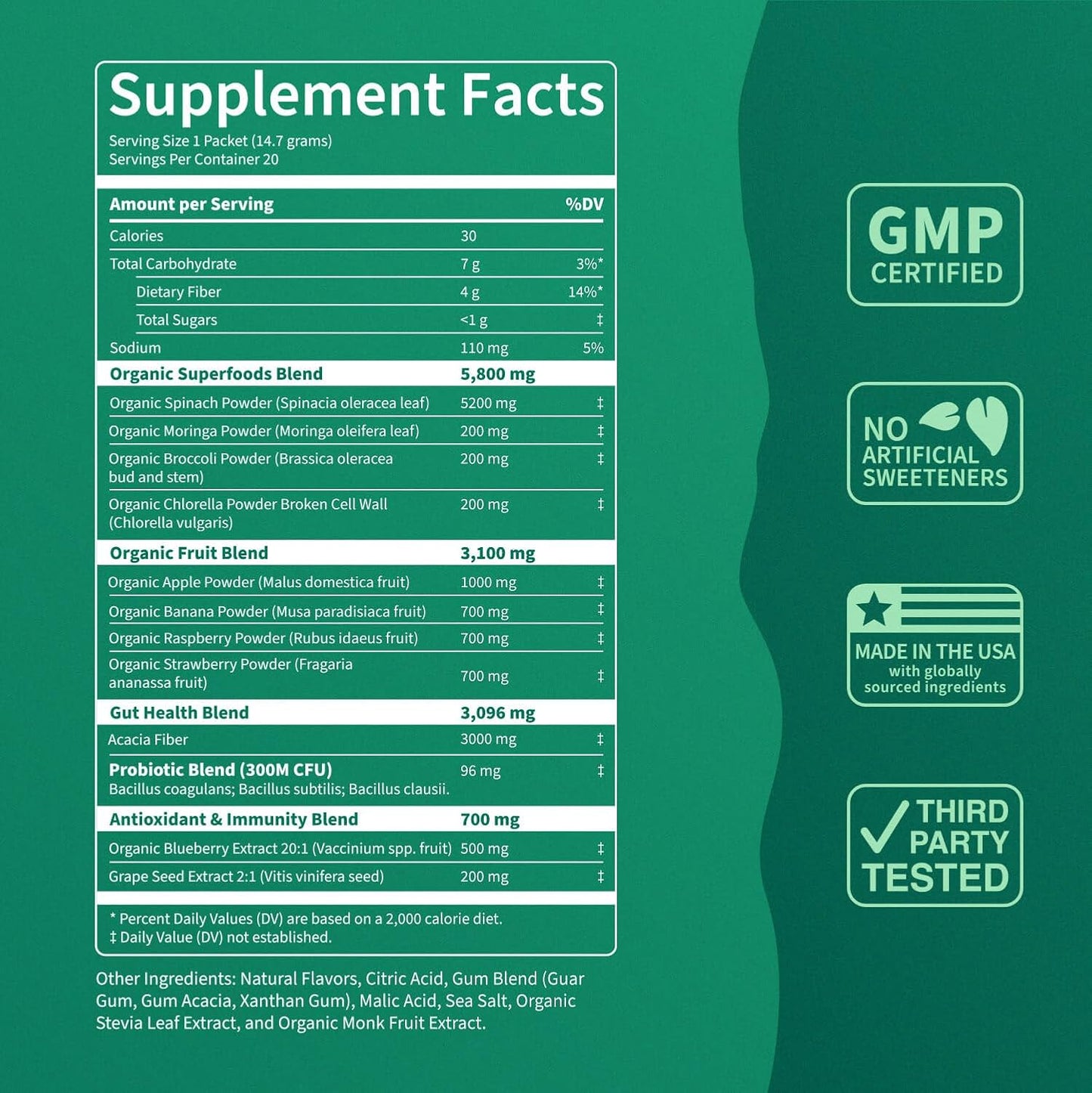 Supergreens Premium Superfood Greens Drink Mix w/Chlorella, Moringa, Spinach & Broccoli + Digestive Enzymes & Probiotic Blend -Nutrient-Packed Powder Wellness (Orange 20 SRV, Travel Pack)