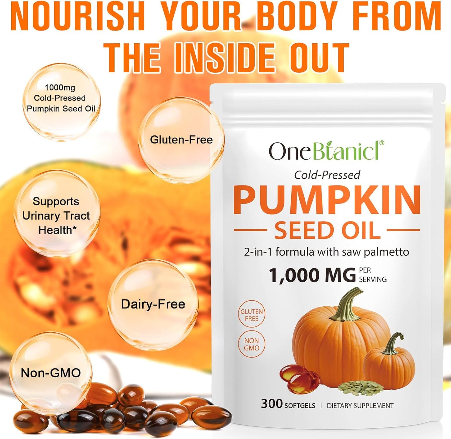 Pumpkin Seed Oil Capsules 1000mg with Saw Palmetto - 300 Softgels for Hair & Urinary Support - 2-in-1 Formula, Rich in Zinc & Omega Fatty Acids - Easy-to-Swallow, Vegan