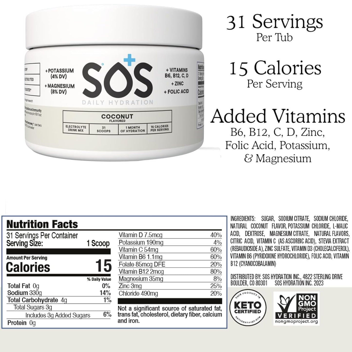 SOS Hydration Electrolyte Powder Drink Mix – Coconut, 31 Servings | Low Sugar Electrolytes, 15 Cal | Keto Hydration Powder for Rapid Rehydration