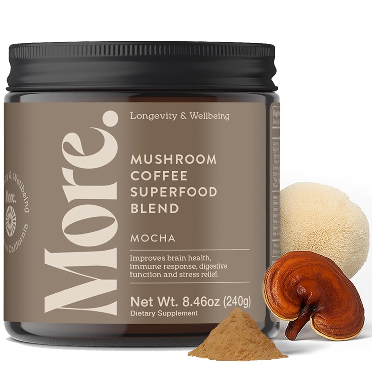 More. Longevity & Wellbeing Mushroom Coffee Superfood – 7 Functional Mushrooms with Lion’s Mane, Reishi, Chaga & Ashwagandha Extract, Instant Coffee Alternative with Prebiotics and Essential Vitamins for Focus & Energy, Mocha