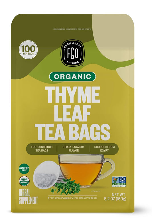 FGO Organic Thyme Leaf Tea, 100 Count, Eco-Conscious Tea Bags, Caffeine Free, Resealable Bag, Packaging May Vary (Pack of 1)